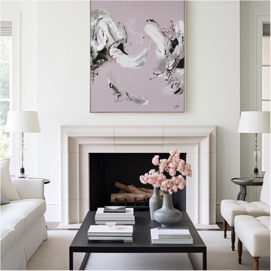 A medium pink abstract artwork by Lee J Morgan displayed on a living room wall