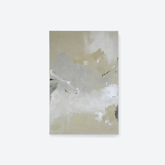 A neutral medium abstract painting by Lee J Morgan Art displayed on a living room wall