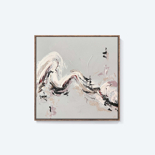 A medium beige abstract painting by Lee J Morgan Art displayed on a living room wall