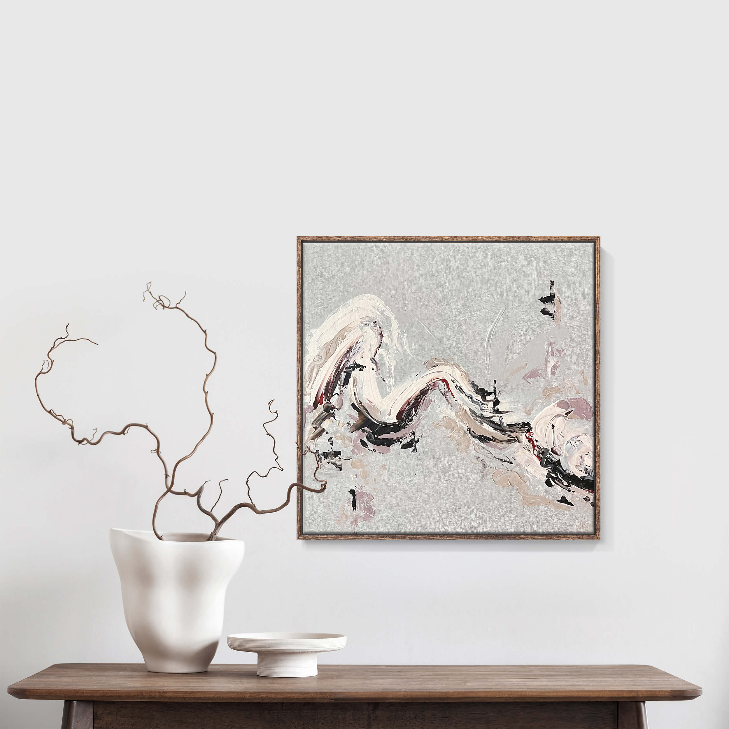 A medium beige abstract painting by Lee J Morgan Art displayed on a living room wall