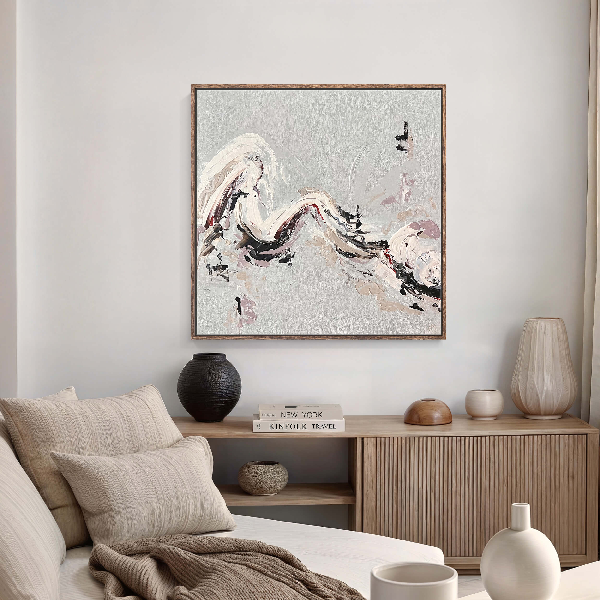 A medium beige abstract painting by Lee J Morgan Art displayed on a living room wall