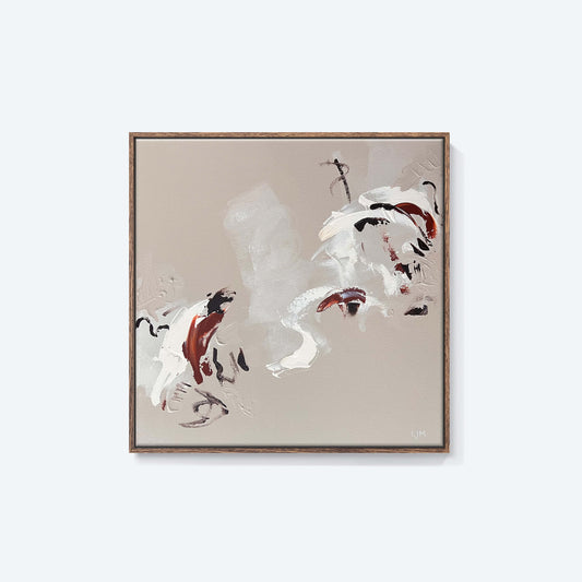 A medium beige abstract painting by Lee J Morgan Art displayed on a living room wall