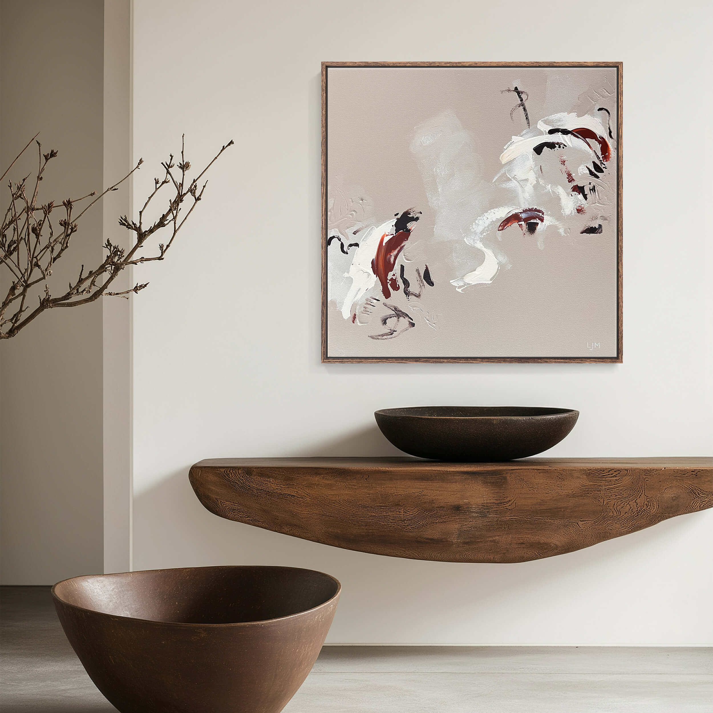 A medium beige abstract painting by Lee J Morgan Art displayed on a living room wall