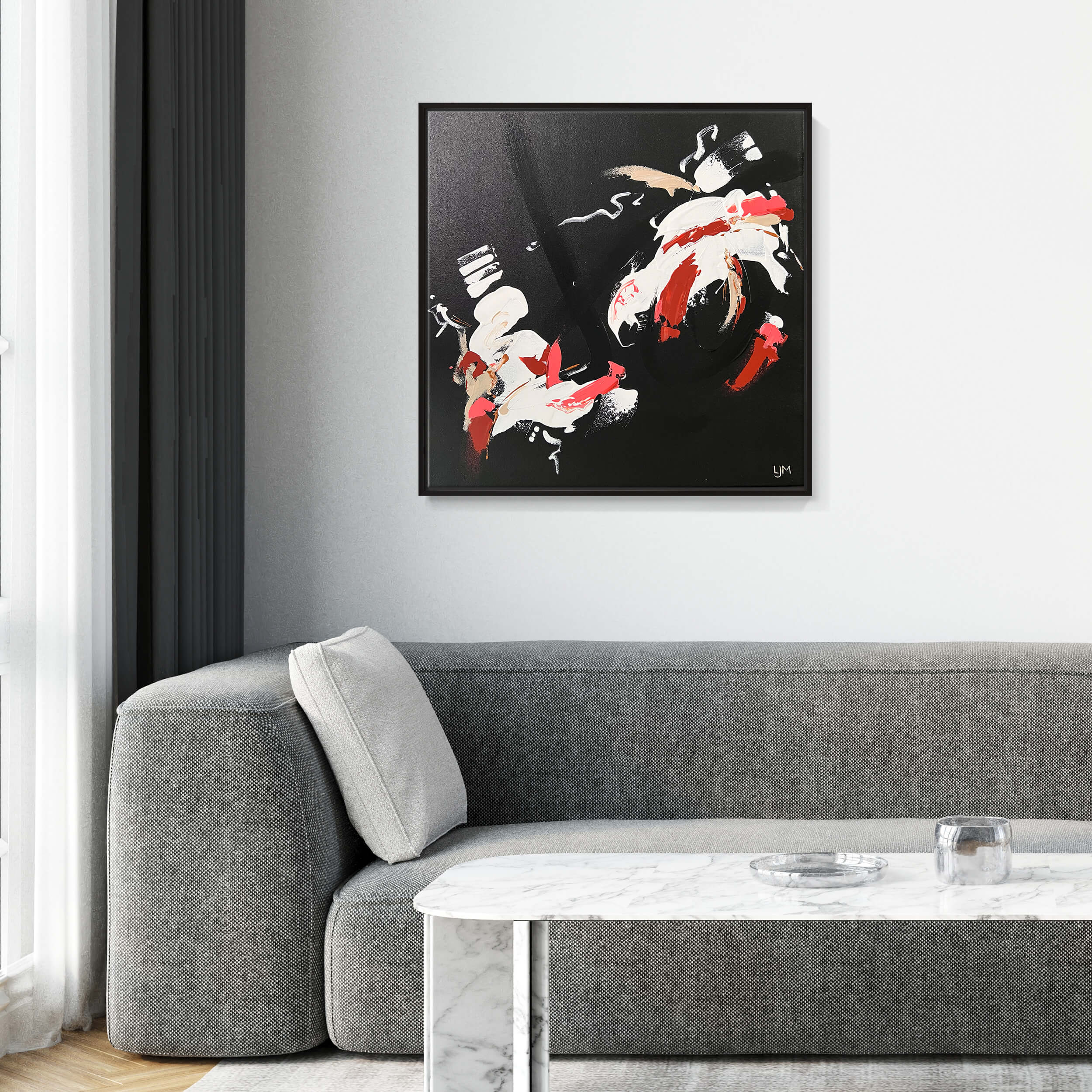 Medium dark abstract artwork by Lee J Morgan Art displayed on a living room