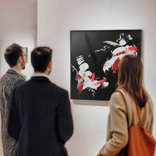 Men and a woman viewing a medium dark abstract artwork by Lee J Morgan Art displayed in a gallery