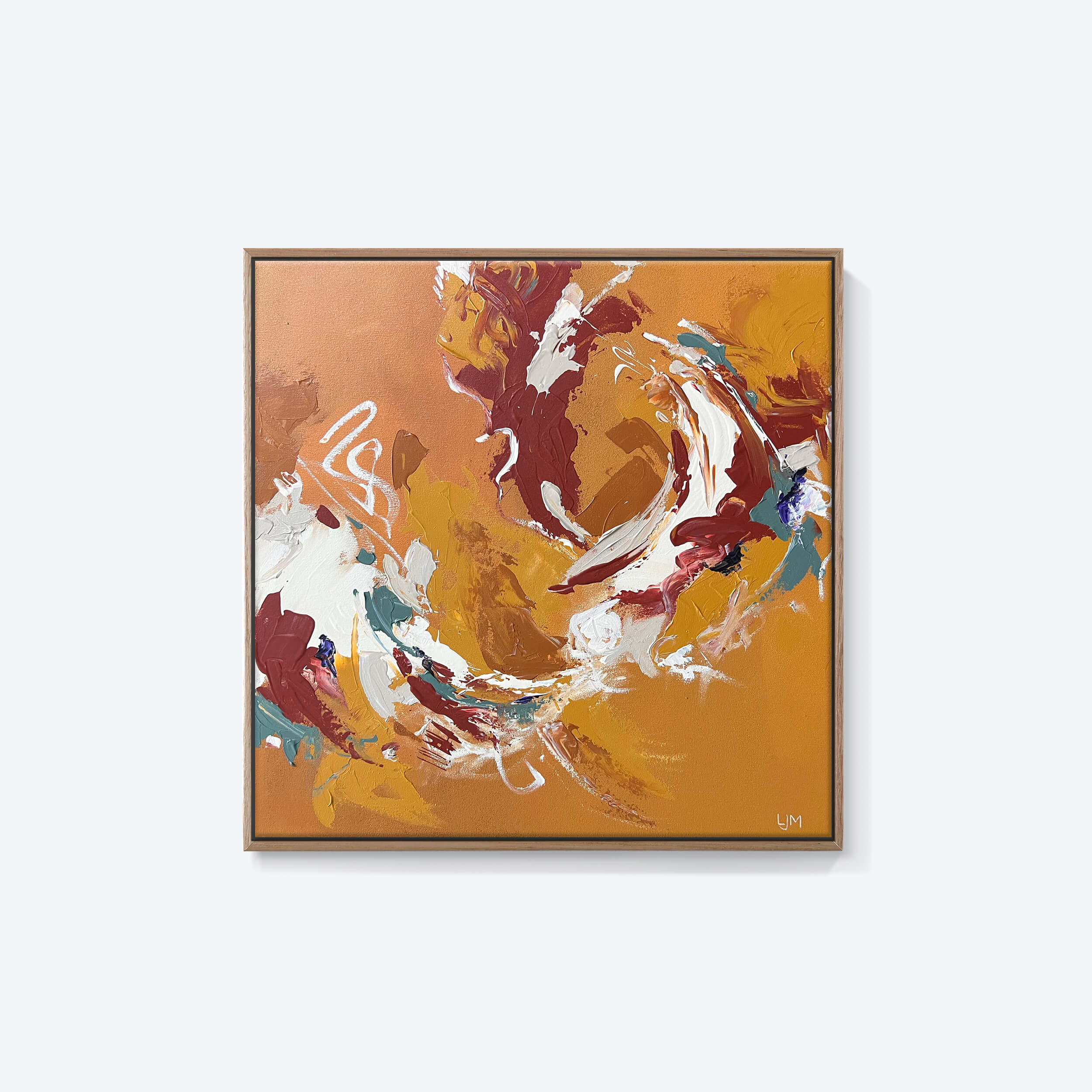 Medium golden abstract art by Lee J Morgan displayed on a room wall