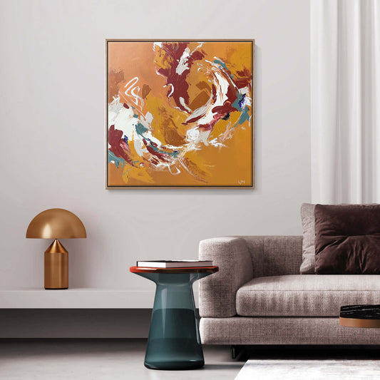 Medium golden abstract art by Lee J Morgan displayed on a living room wall