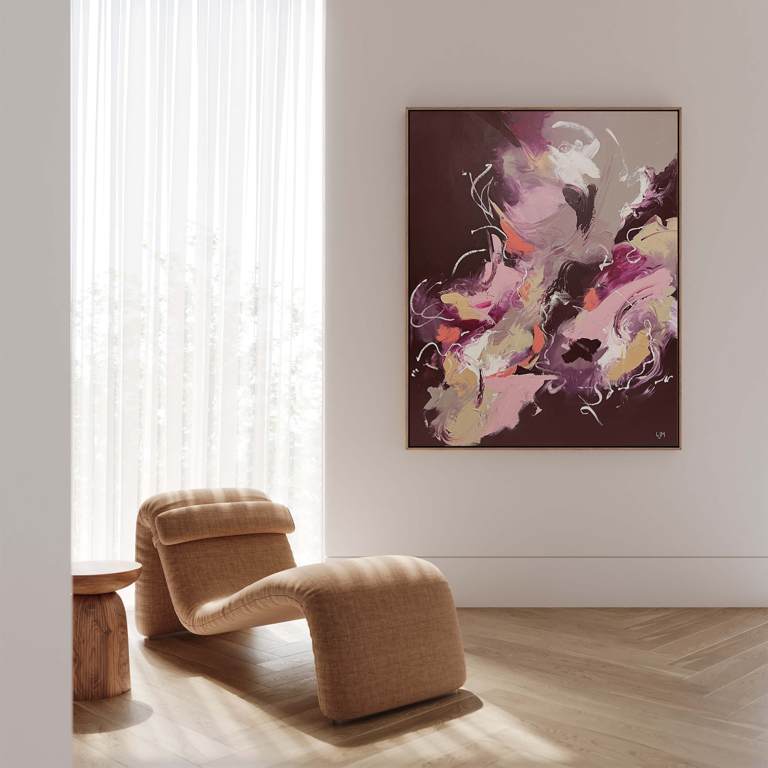 Medium burgundy artwork by Lee J Morgan Art displayed on a living room wall