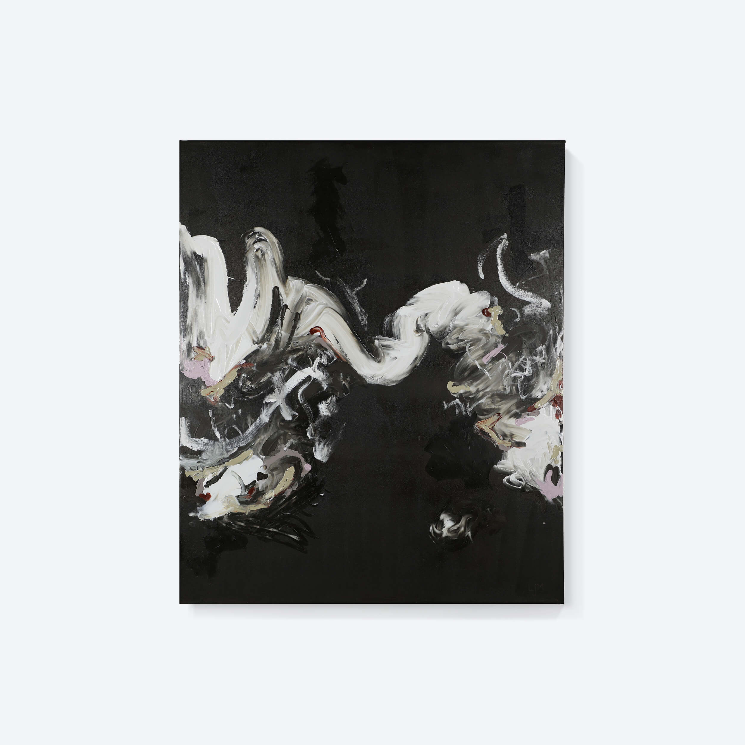 A medium dark abstract artwork by Lee J Morgan displayed on a living room wall