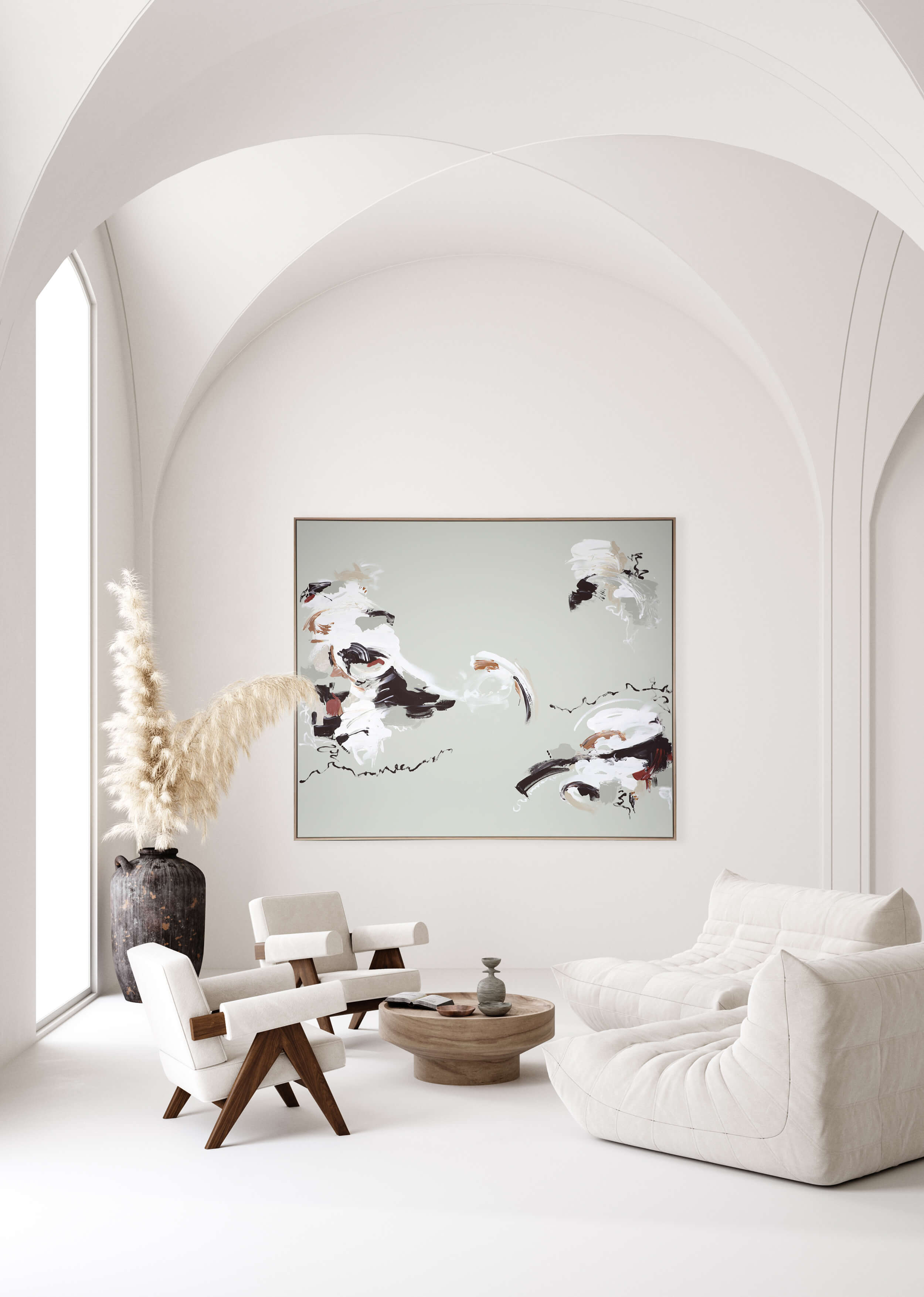 A large grey abstract artwork by Lee J Morgan displayed on a living room wall