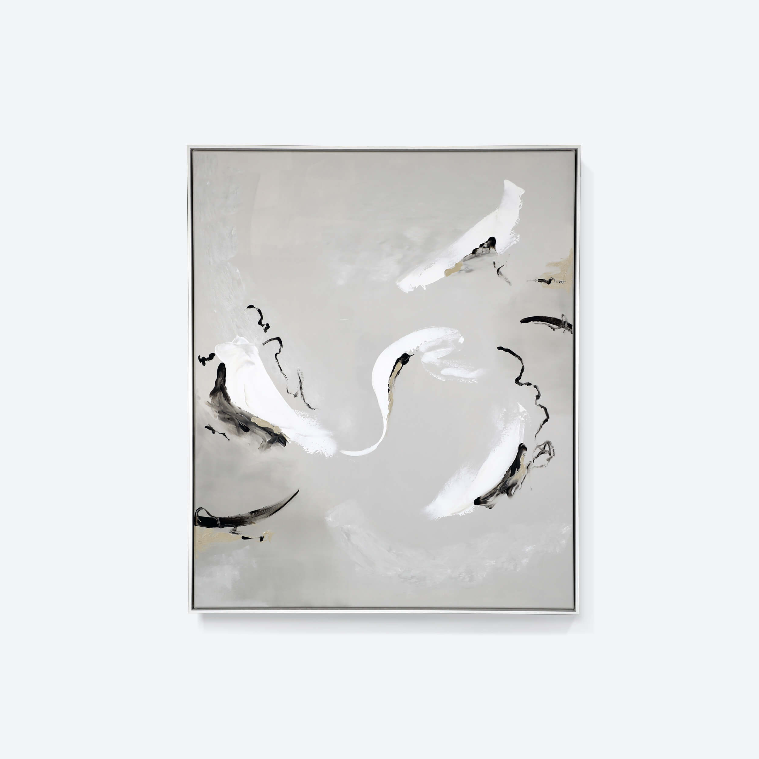 A medium grey abstract artwork by Lee J Morgan displayed on a living room wall