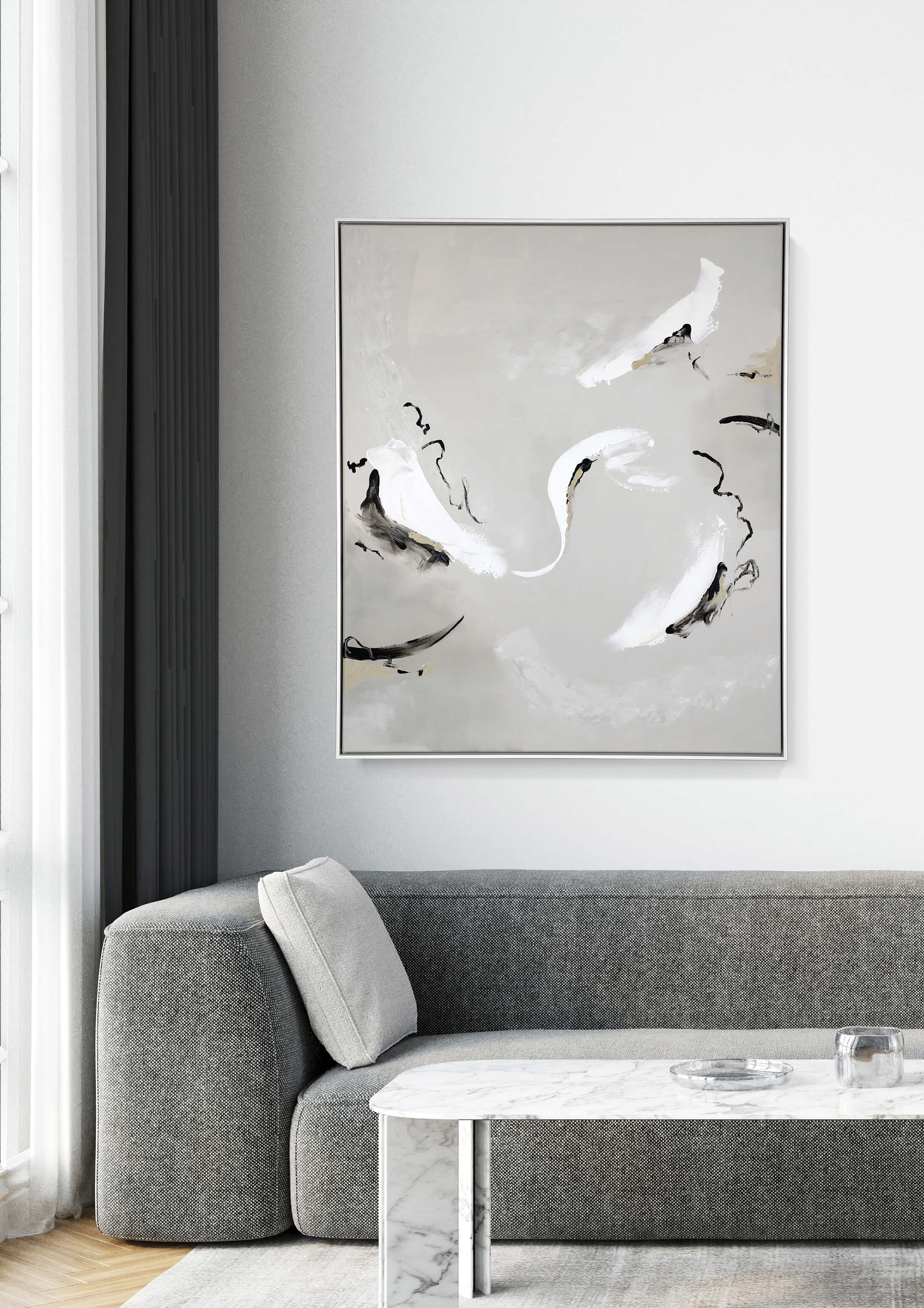 A medium grey abstract artwork by Lee J Morgan displayed on a living room wall