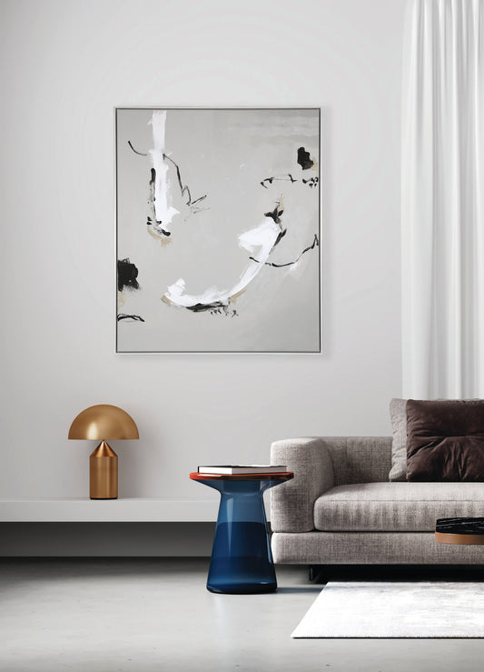 A medium grey abstract artwork by Lee J Morgan displayed on a living room wall