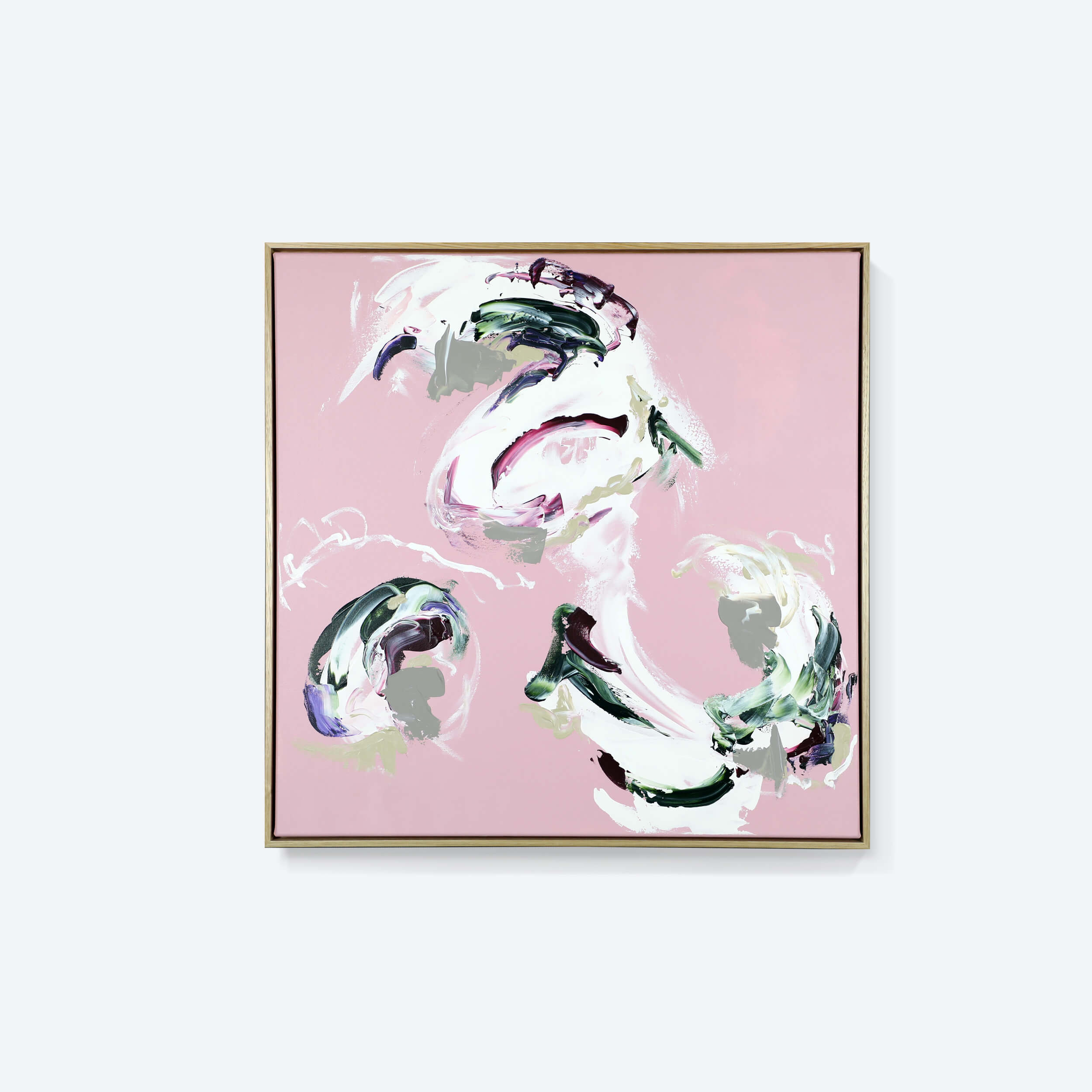 A medium pink abstract painting by Lee J Morgan Art displayed on a living room wall