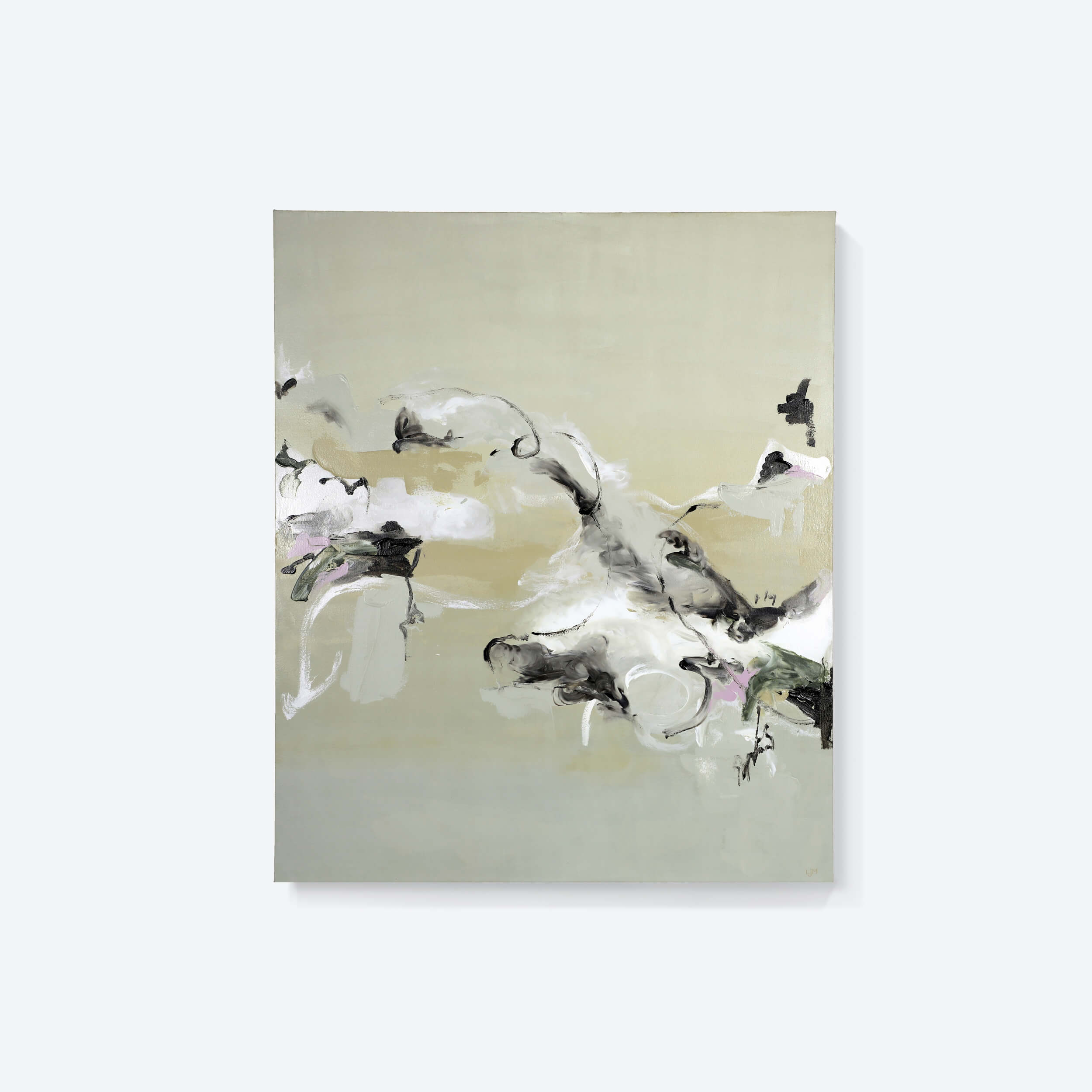 A large neutral abstract painting by Lee J Morgan Art displayed on a living room wall