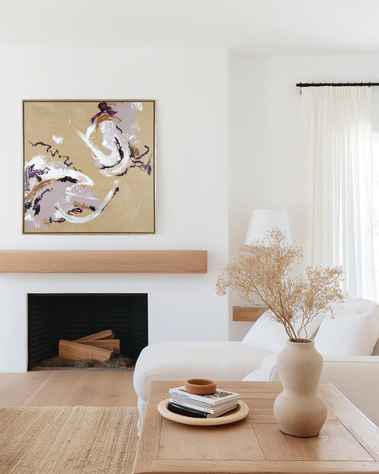 A medium neutral abstract painting by Lee J Morgan Art displayed on a living room wall