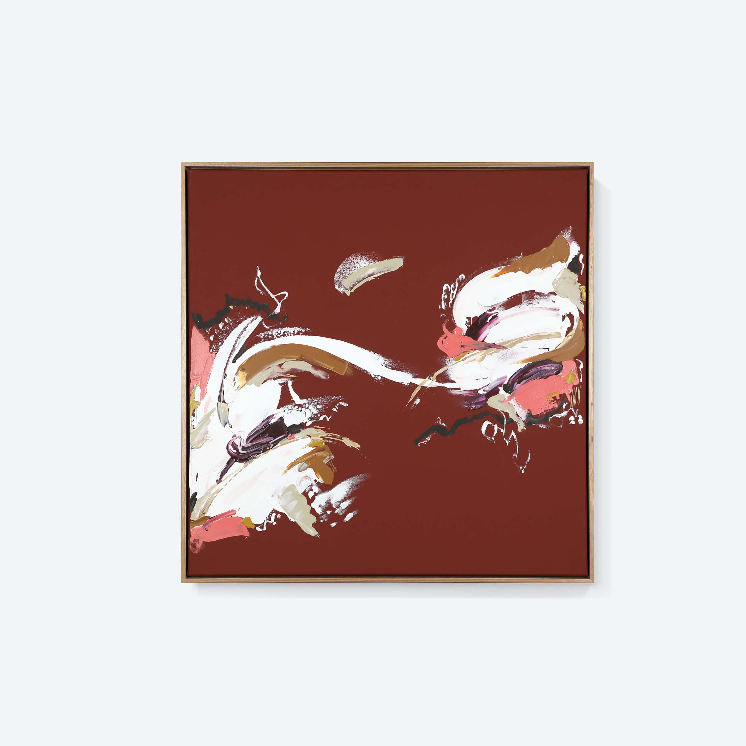 A red medium abstract painting by Lee J Morgan Art displayed on a living room wall