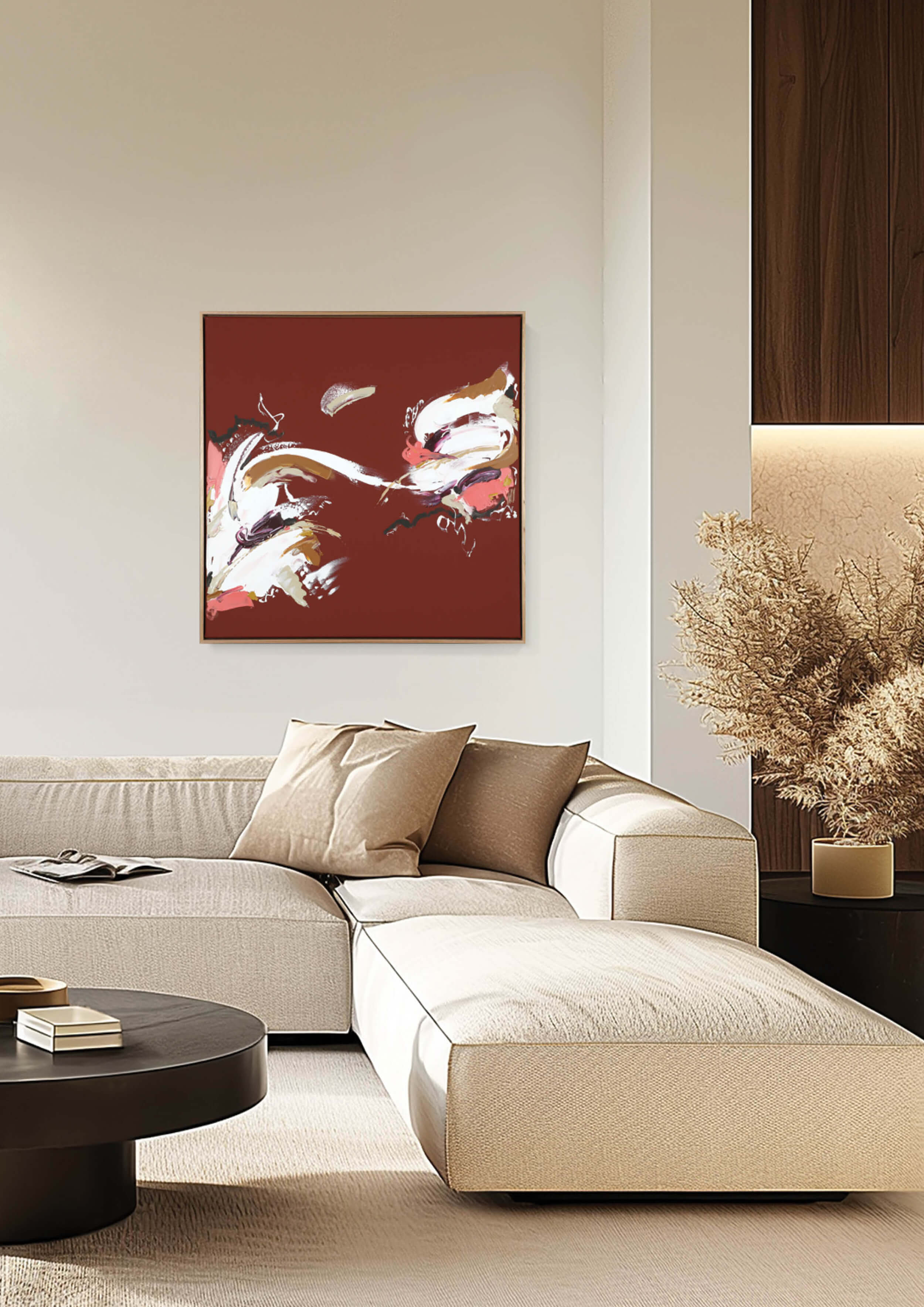 A red medium abstract painting by Lee J Morgan Art displayed on a living room wall