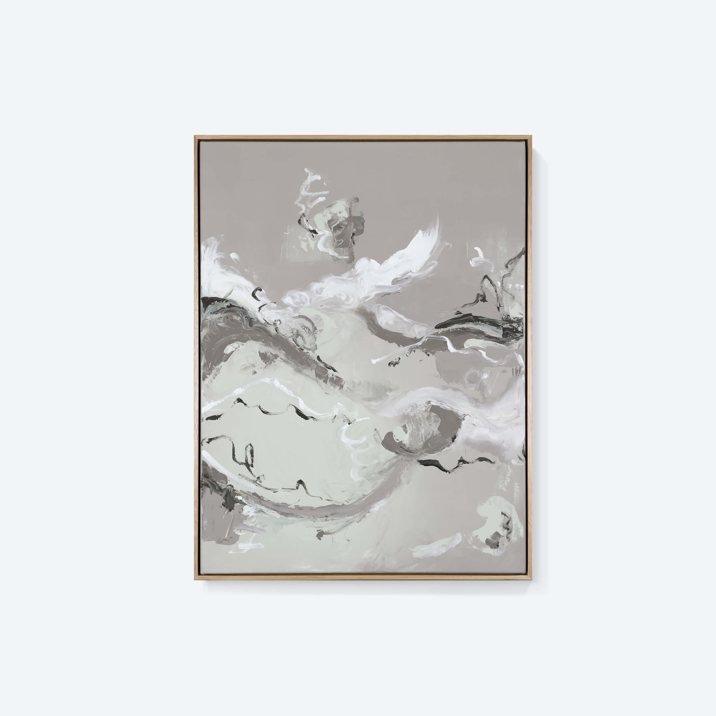 A grey medium abstract painting by Lee J Morgan Art displayed on a living room wall