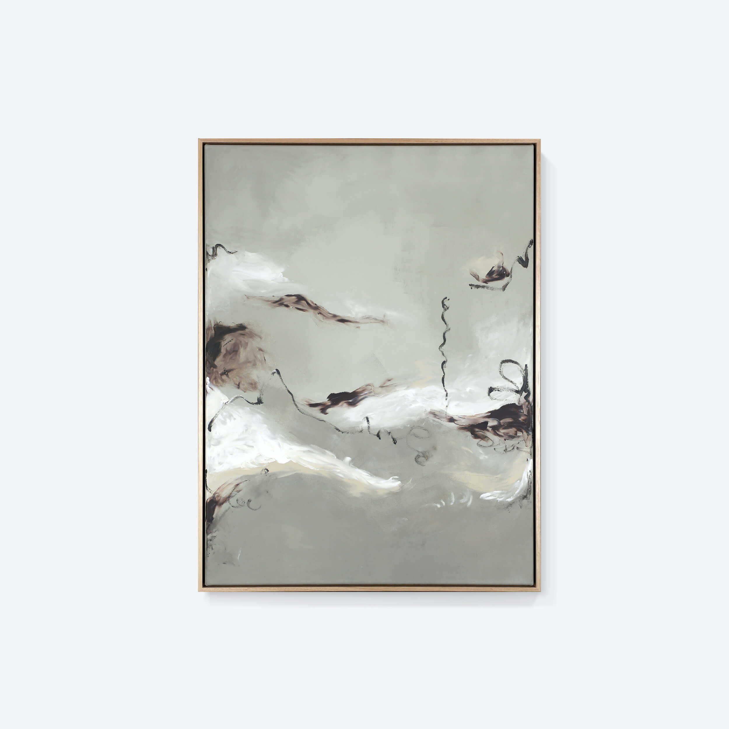 A medium grey abstract painting by Lee J Morgan Art displayed on a living room wall