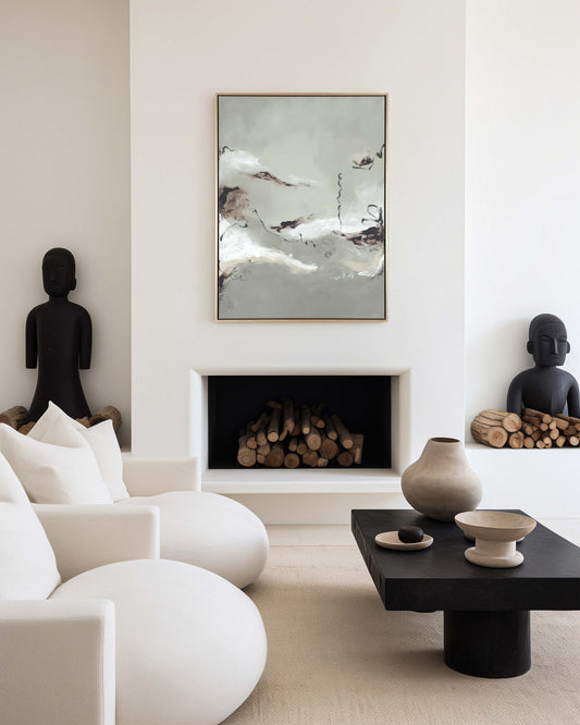 A medium grey abstract painting by Lee J Morgan Art displayed on a living room wall