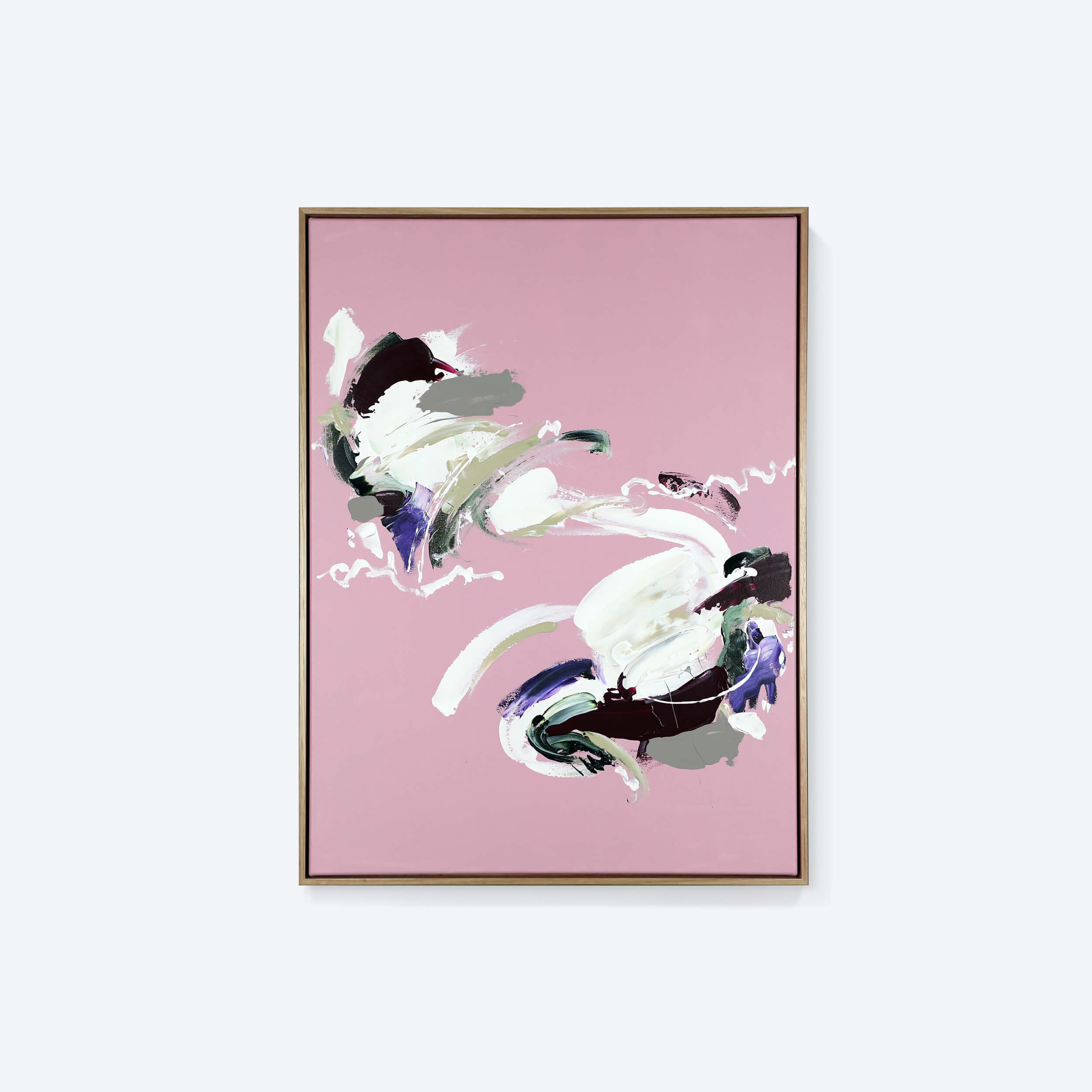 A medium pink abstract painting by Lee J Morgan Art displayed on a living room wall