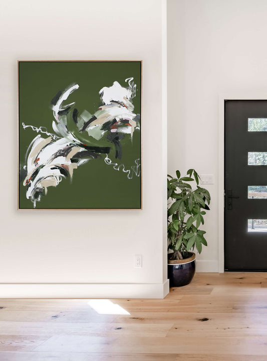 A medium green abstract painting by Lee J Morgan Art displayed on a living room wall