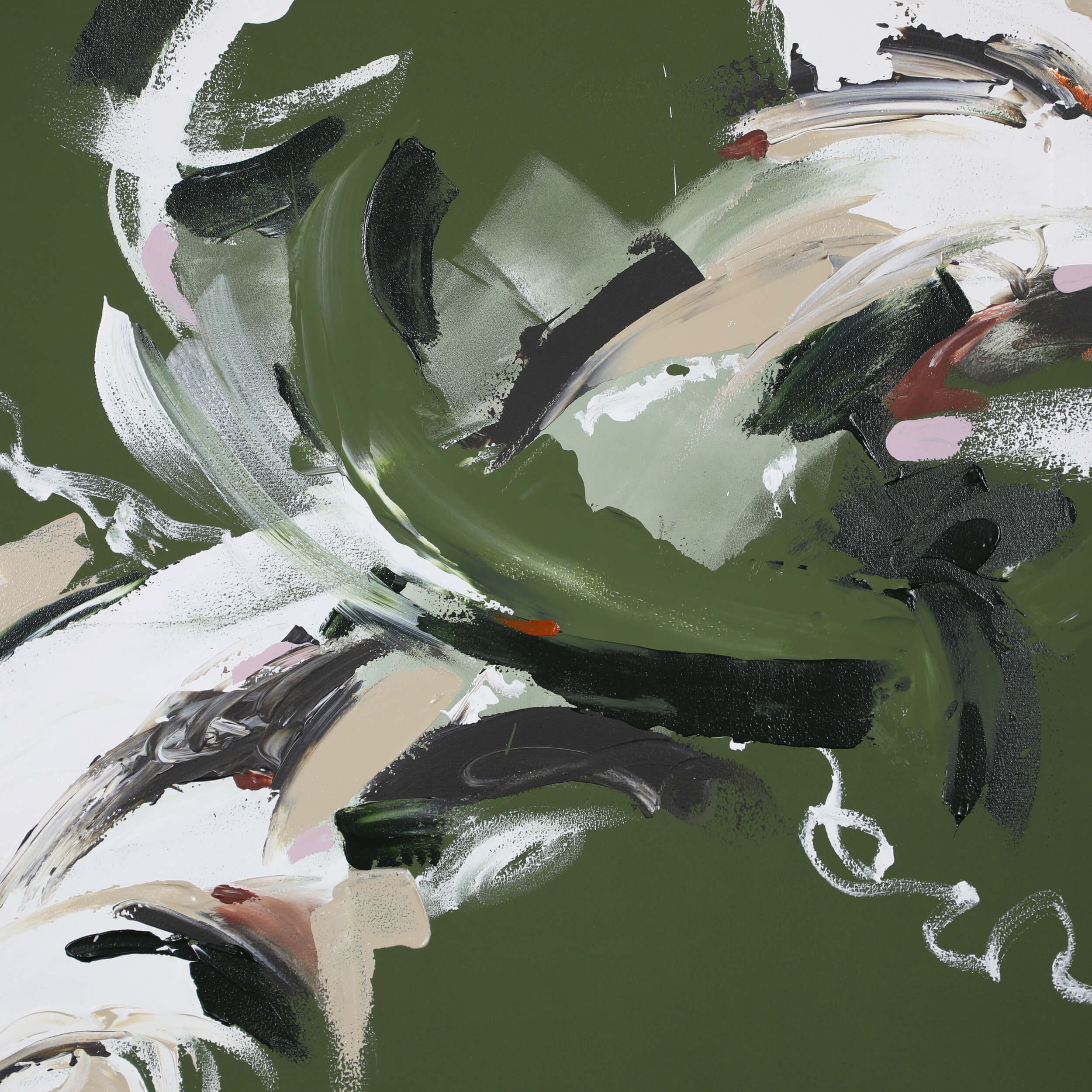 Close-up of a medium green abstract painting by Lee J Morgan Art 