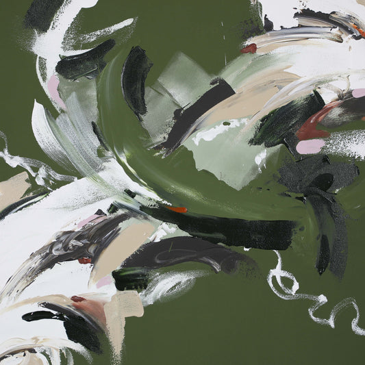 Close-up of a medium green abstract painting by Lee J Morgan Art 