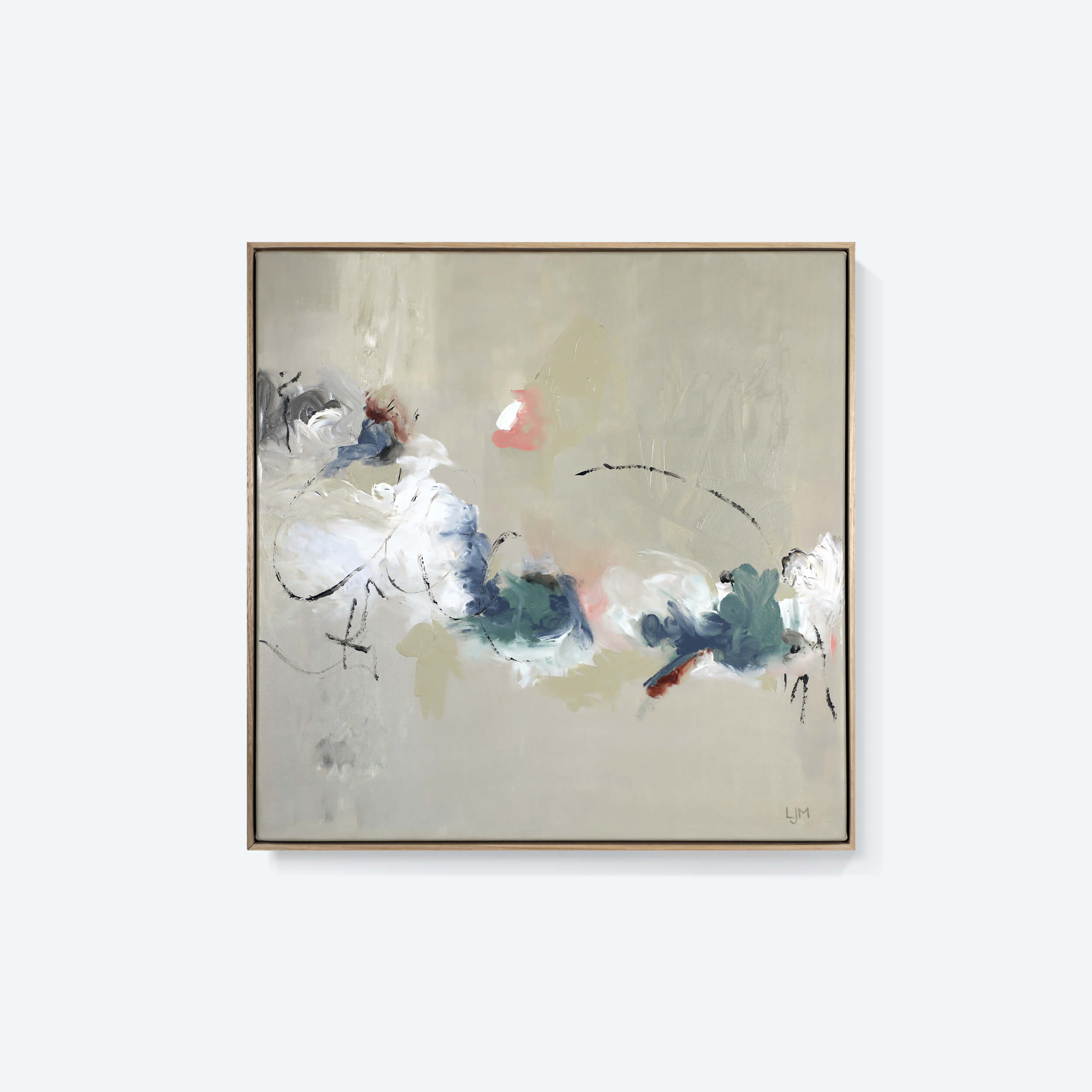 A medium neutral abstract painting by Lee J Morgan Art displayed on a living room wall