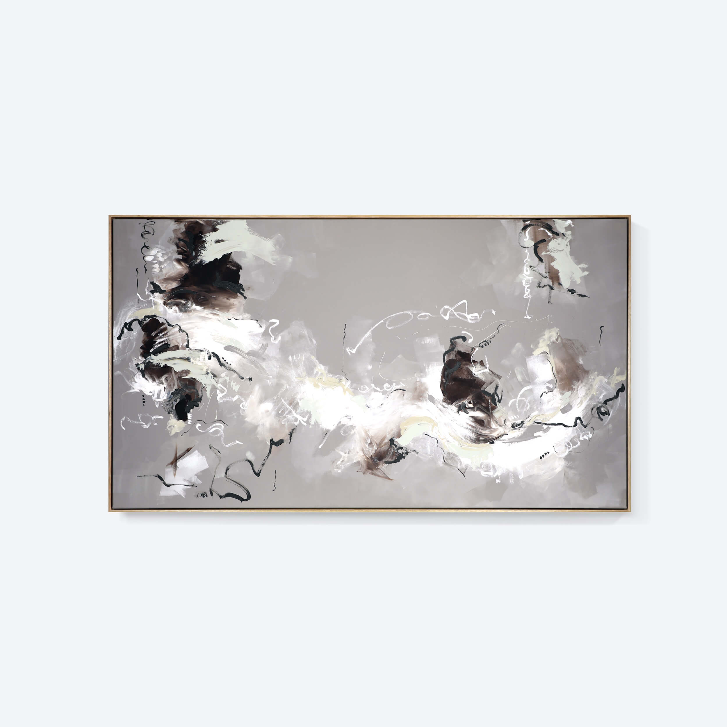 A  large, neutral abstract painting by Lee J Morgan displayed on a living room wall