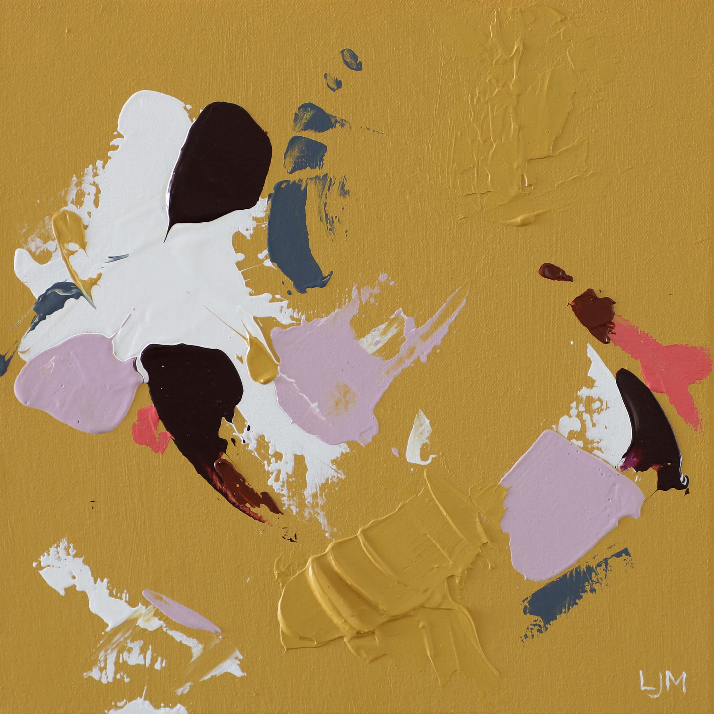 A close-up of a small, yellow abstract painting by Lee J Morgan