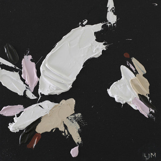 A close-up of a small, dark abstract painting by Lee J Morgan.