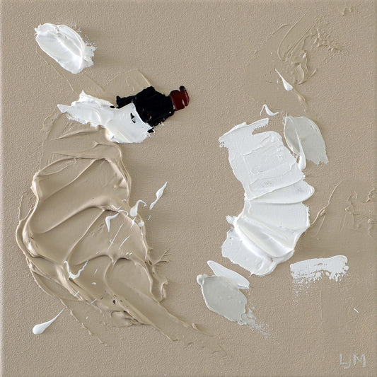 A close-up of a small, neutral abstract painting by Lee J Morgan