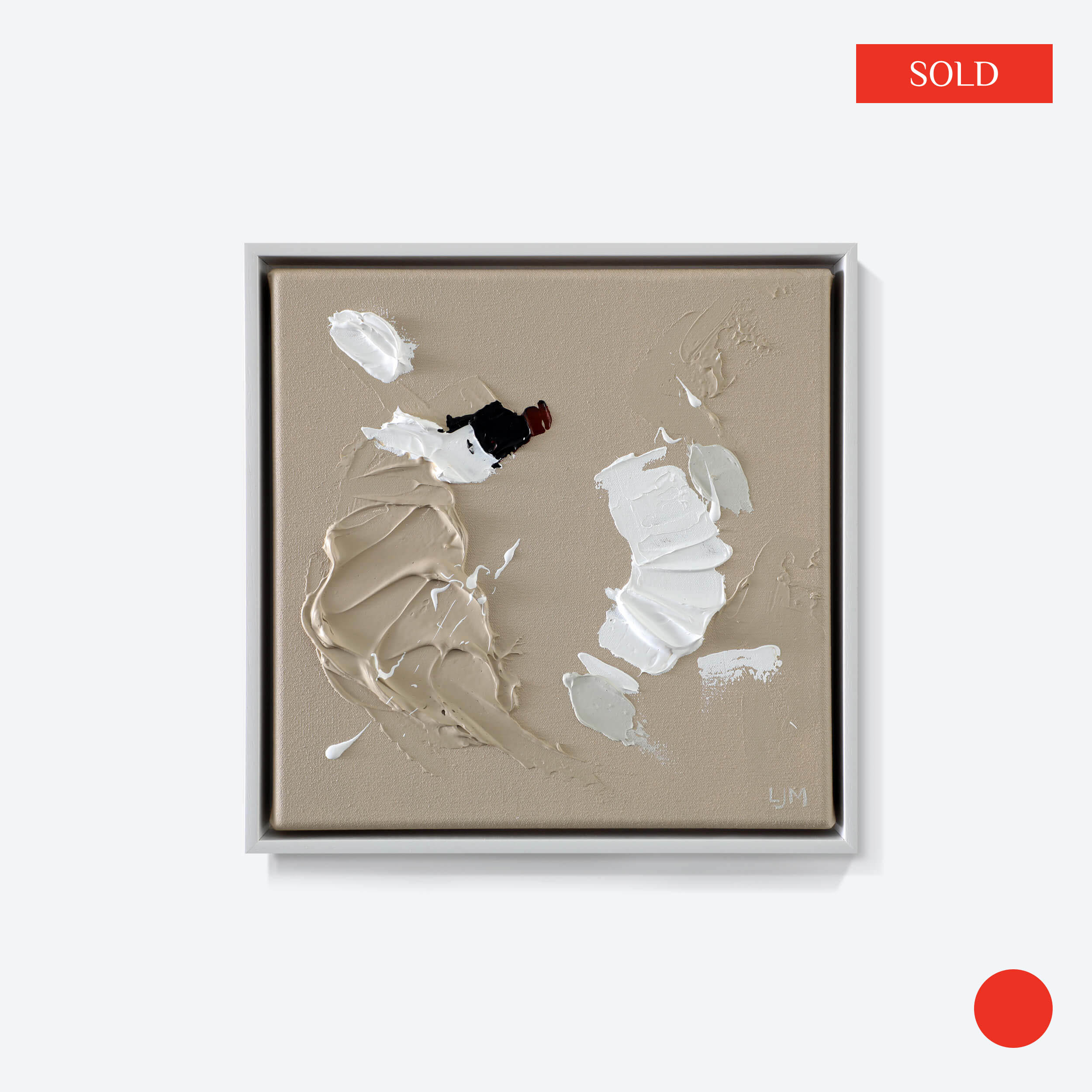 A small, neutral abstract painting by Lee J Morgan displayed on a living room wall marked sold