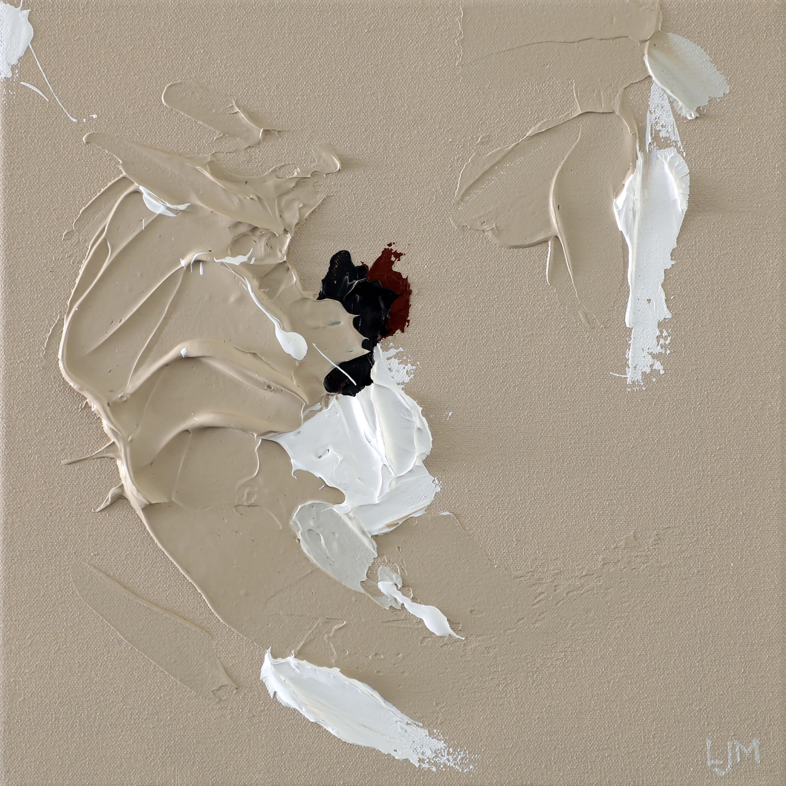 A close-up of a small, neutral abstract painting by Lee J Morgan