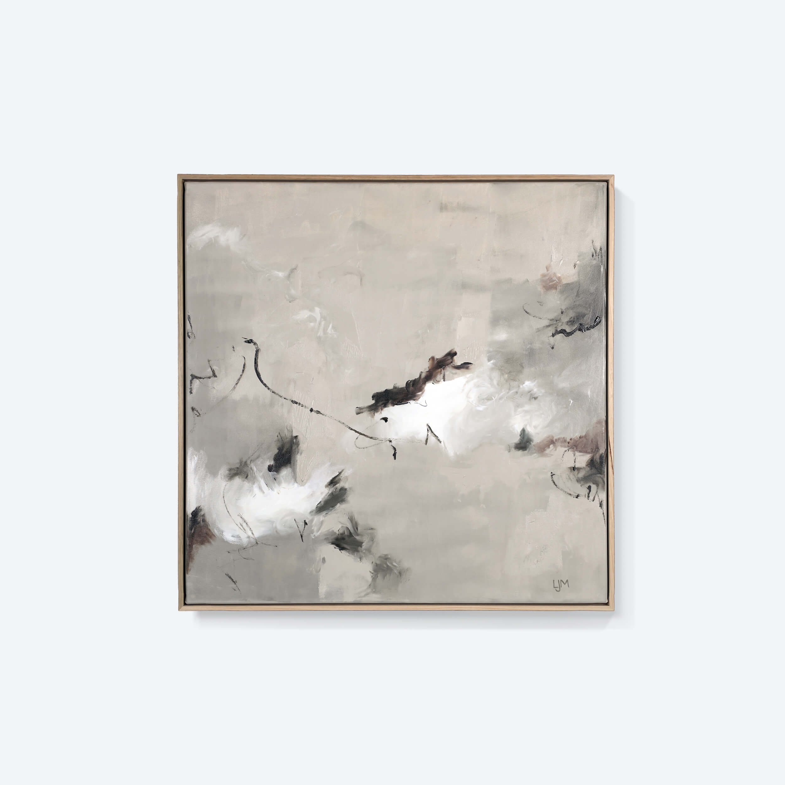 A medium neutral abstract painting by Lee J Morgan Art displayed on a living room wall