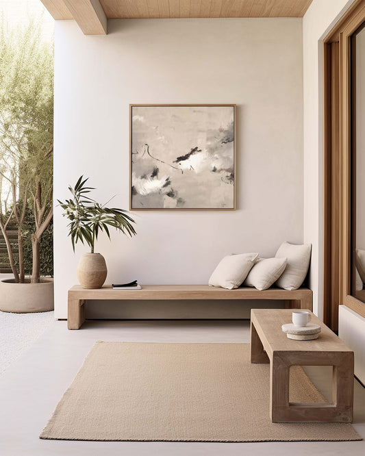 A medium neutral abstract painting by Lee J Morgan Art displayed on a living room wall