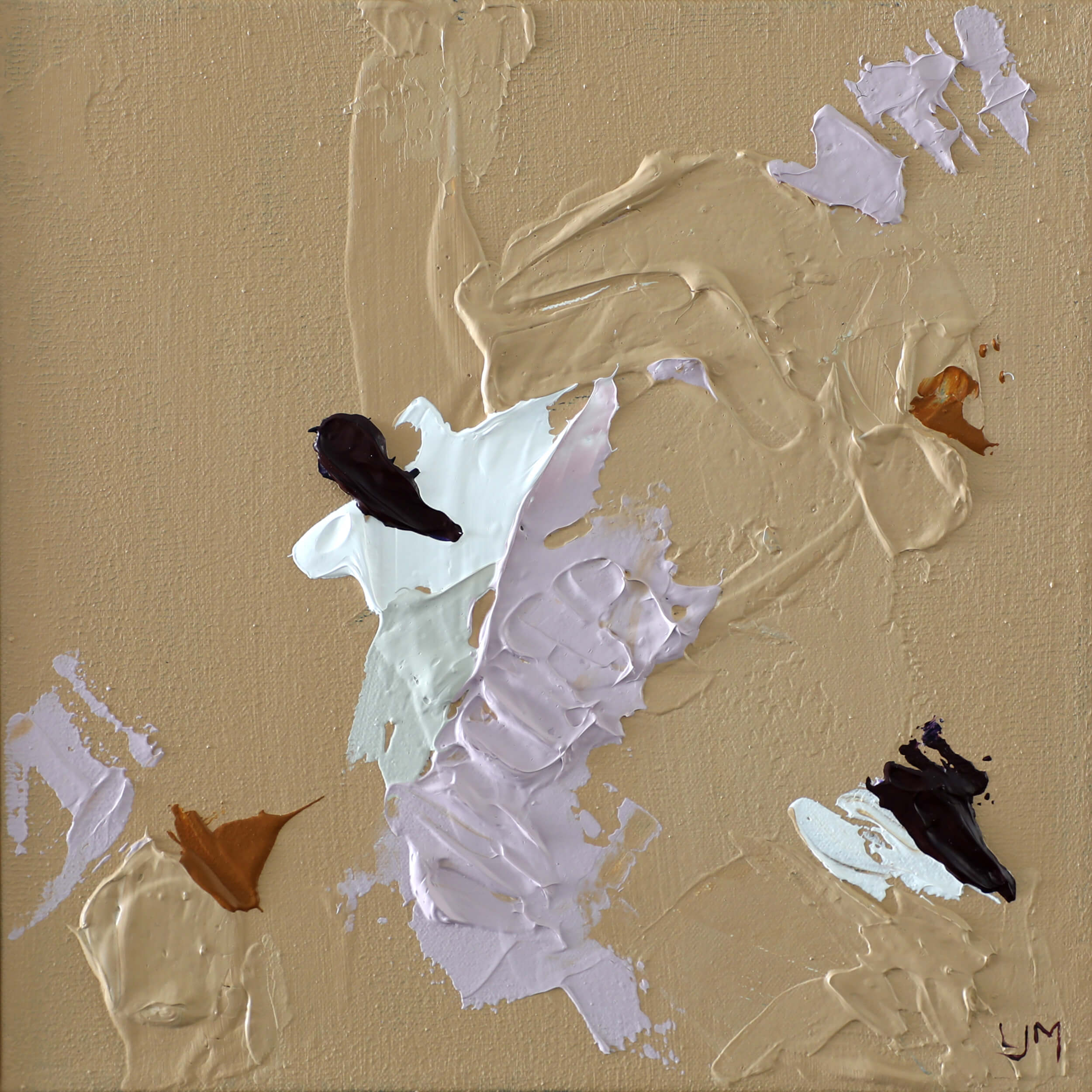 A close-up of a small, neutral abstract painting by Lee J Morgan