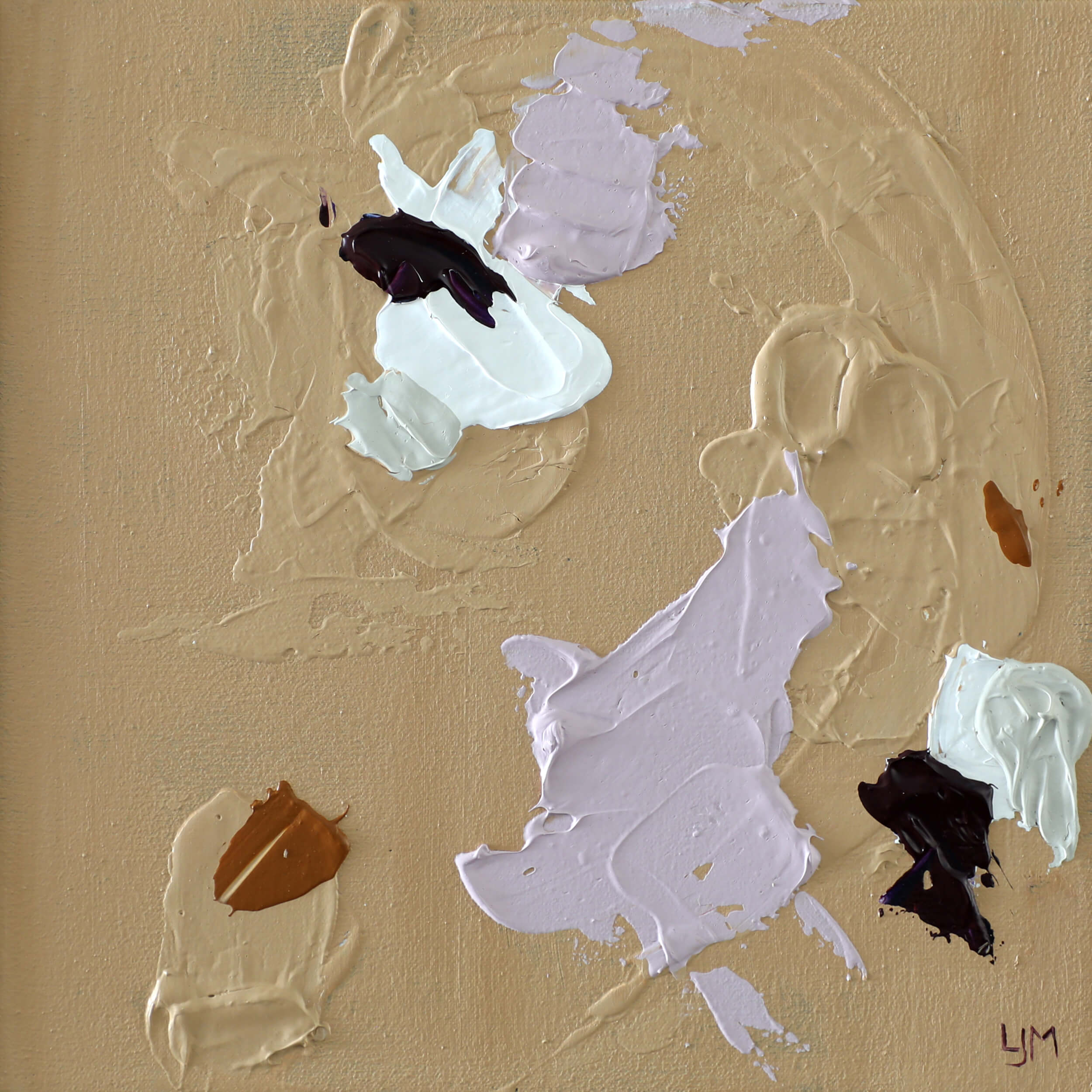 A close-up of a small, neutral abstract painting by Lee J Morgan