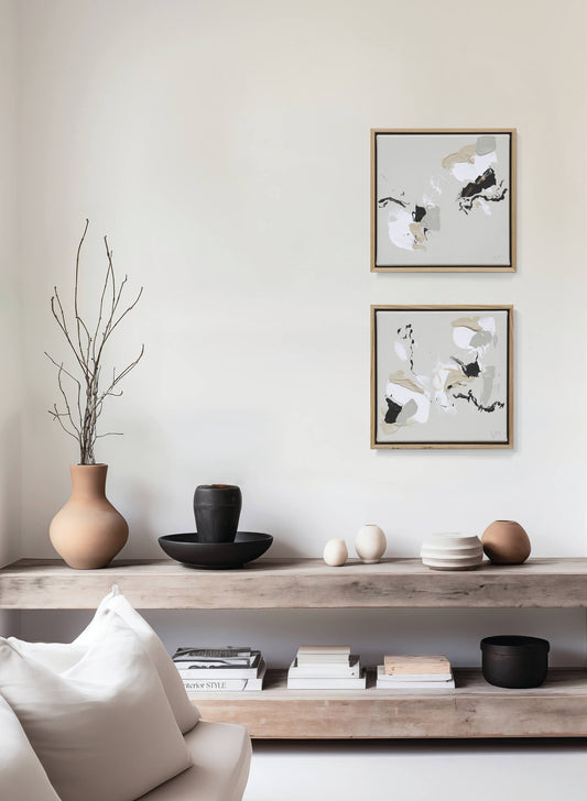 Small grey abstract artwork by Lee J Morgan displayed on a living room wall