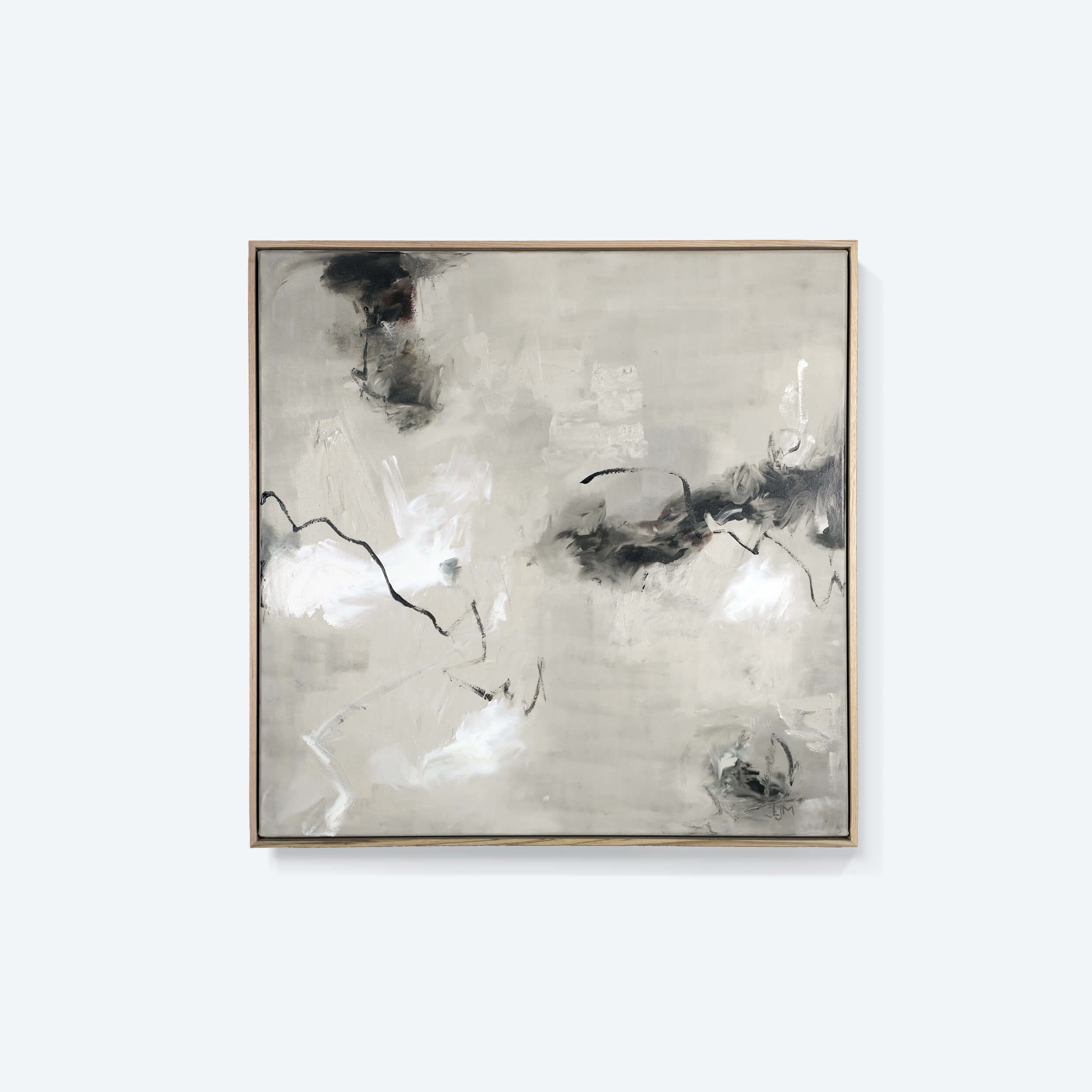 A medium neutral abstract painting by Lee J Morgan Art displayed on a living room wall