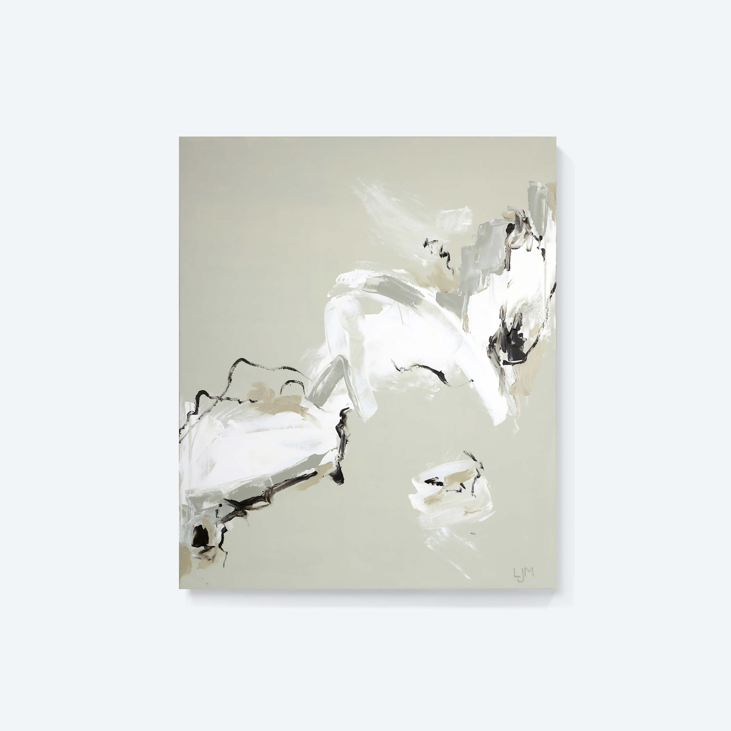 A medium neutral abstract painting by Lee J Morgan Art displayed on a living room wall