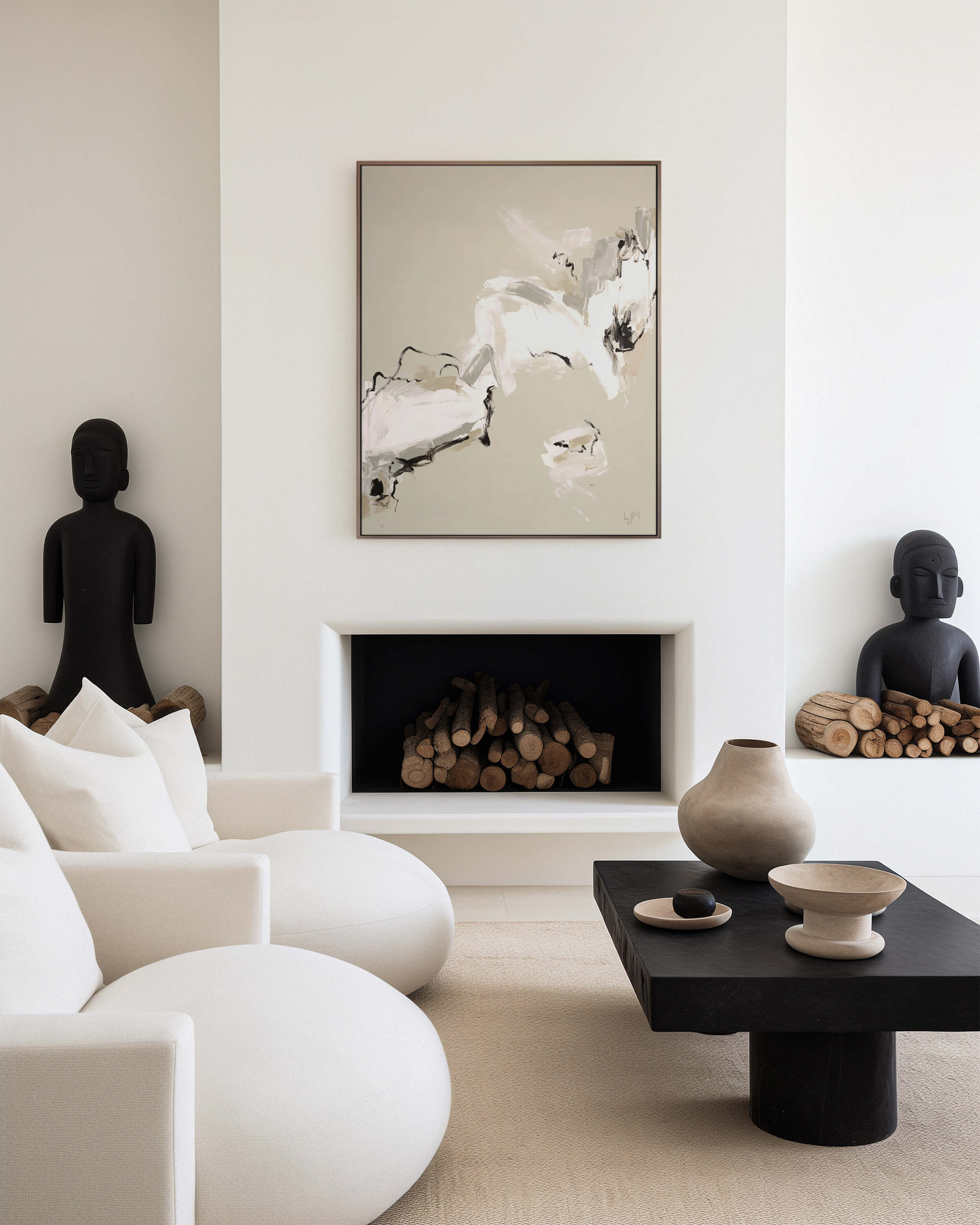 A medium neutral abstract painting by Lee J Morgan Art displayed on a living room wall