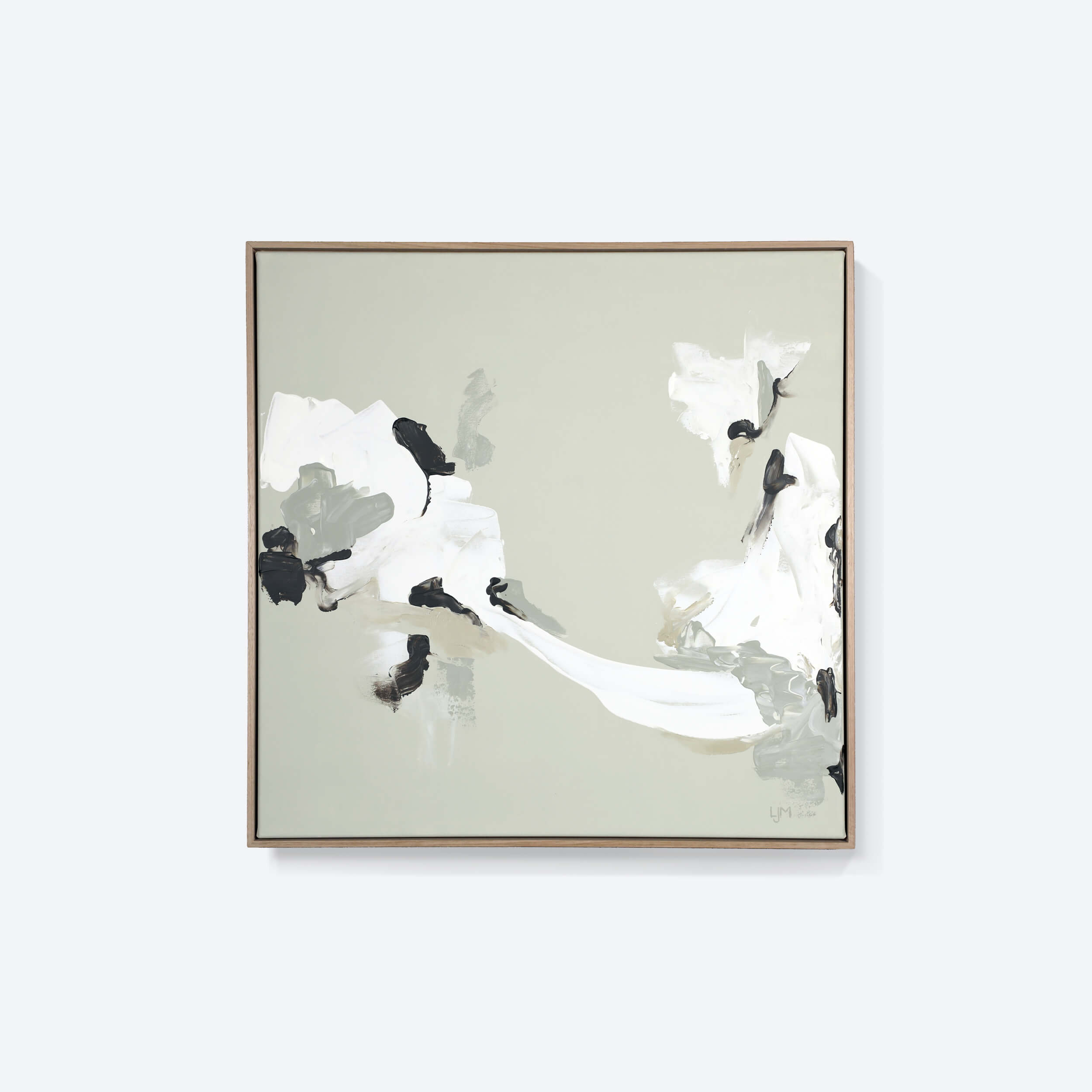 A medium neutral abstract painting by Lee J Morgan Art displayed on a living room wall