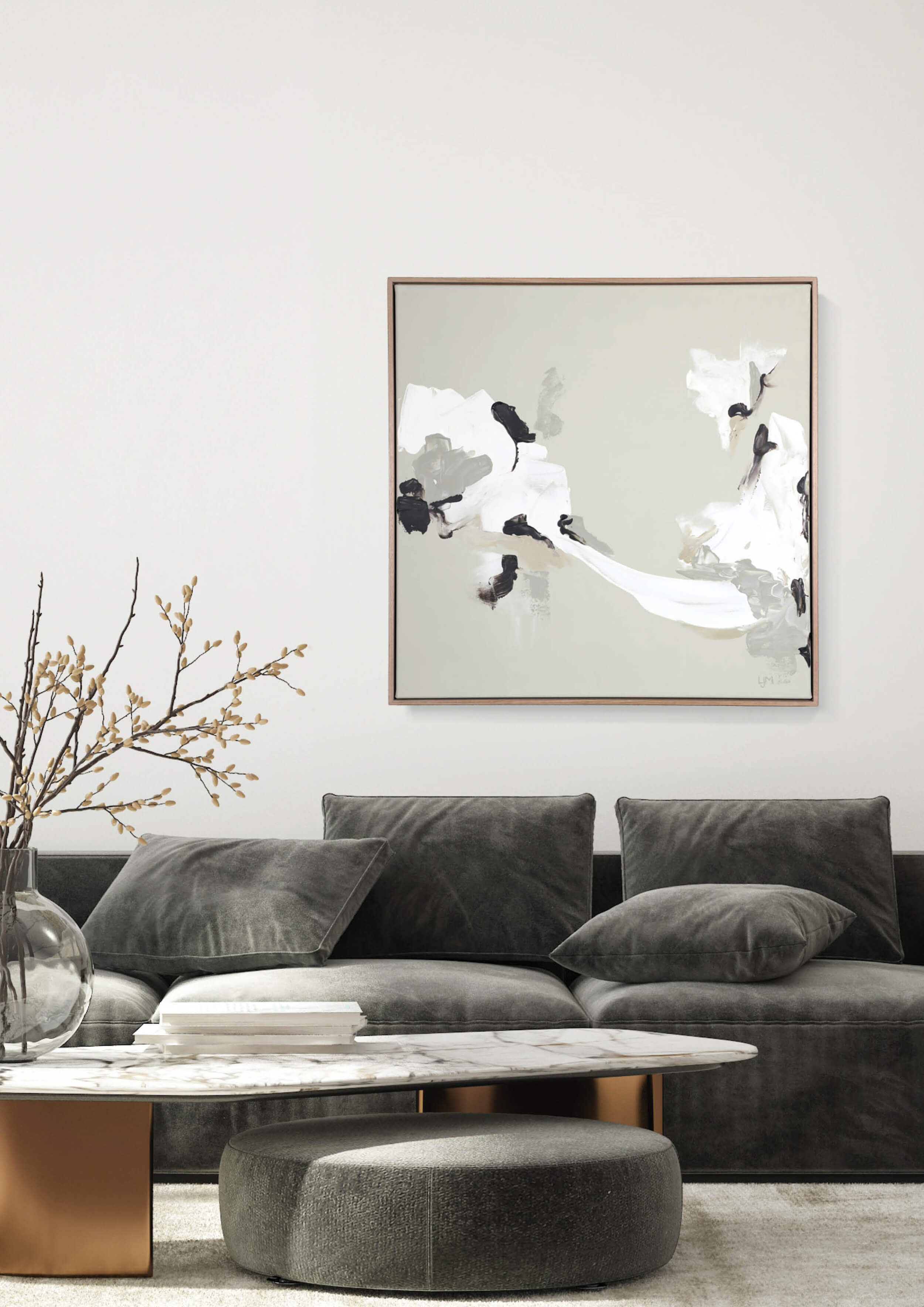 A medium neutral abstract painting by Lee J Morgan Art displayed on a living room wall