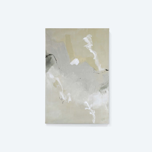 A grey and neutral medium abstract painting by Lee J Morgan Art displayed on a living room wall